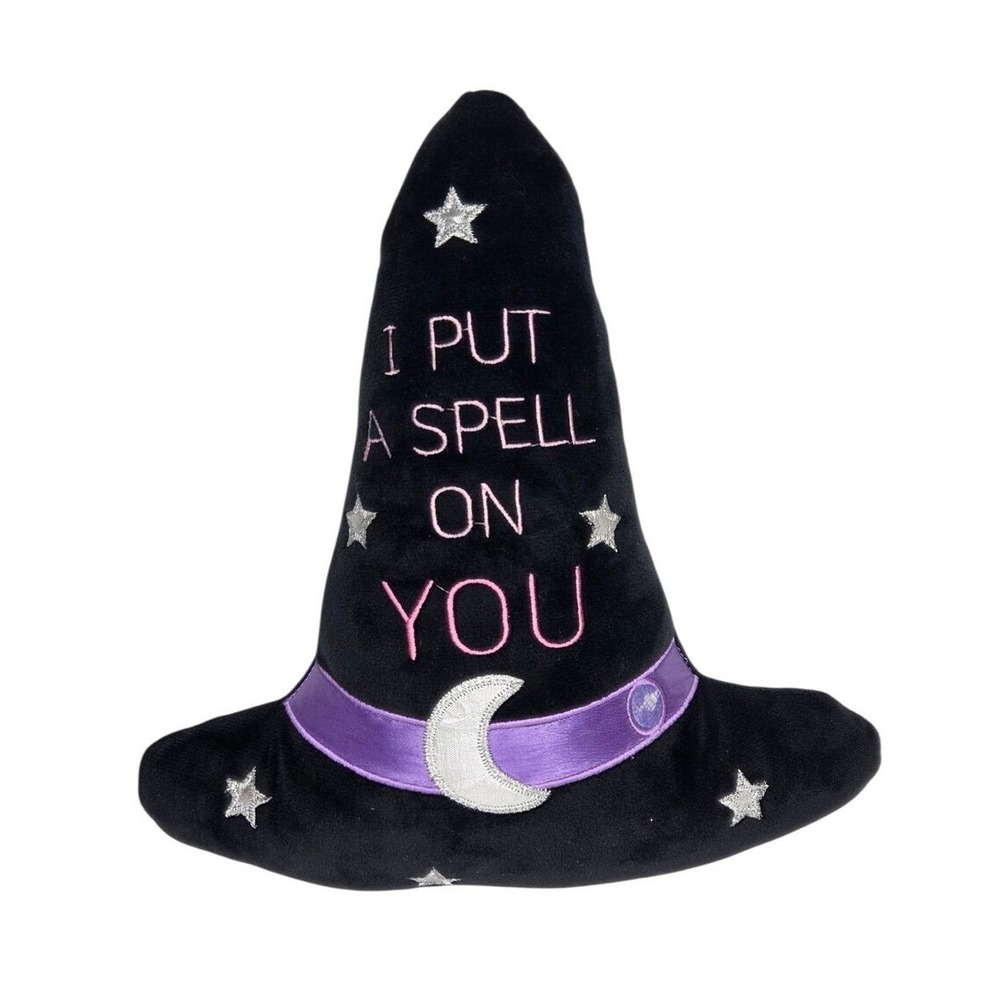 Black Witch Hat Pillow Light Up Halloween Decor Purple Embroidery Moon Stars